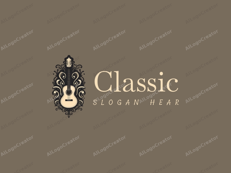 vintage design features a classic guitar silhouette intertwined with elegant calligraphy, set against a clean, dark background, emphasizing traditional artistry and sophistication.