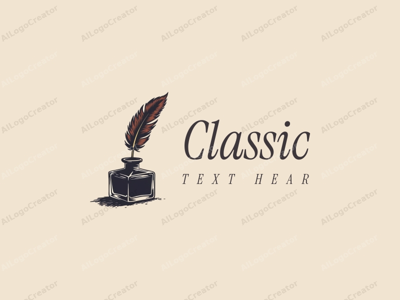 vintage design features a classic ink bottle and a stylized feather, combined with a clean background and traditional elements.