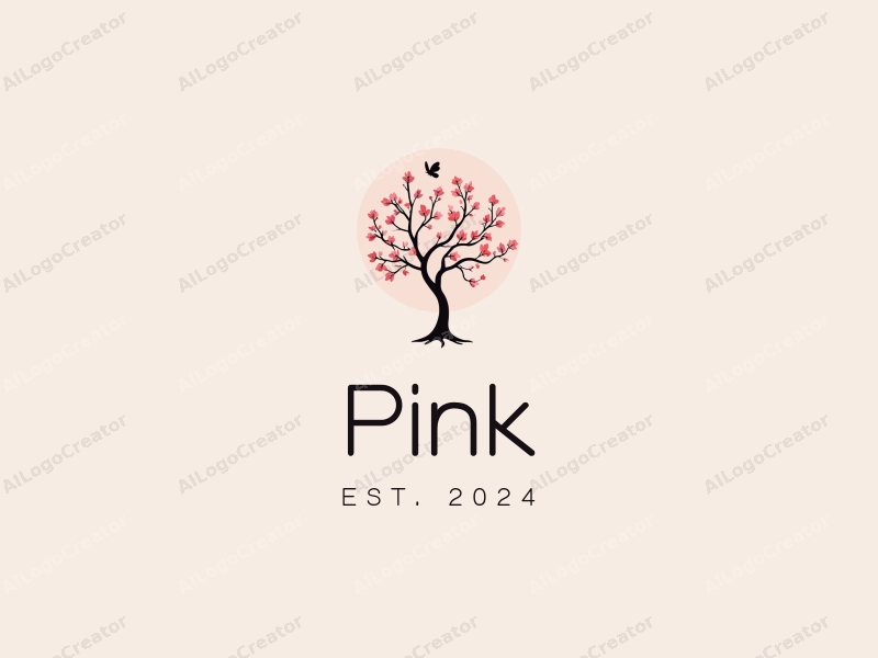 minimalist design features a stylized cherry blossom tree with delicate pink flowers and an elegant butterfly, combined with a clean background.