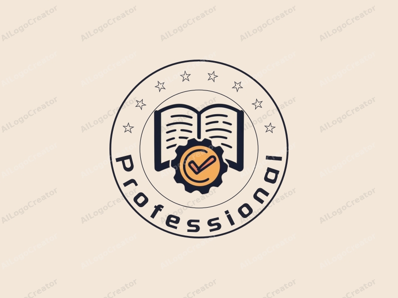 modern design features a stylized book and a badge, incorporating professional and certification elements, combined with a clean background.