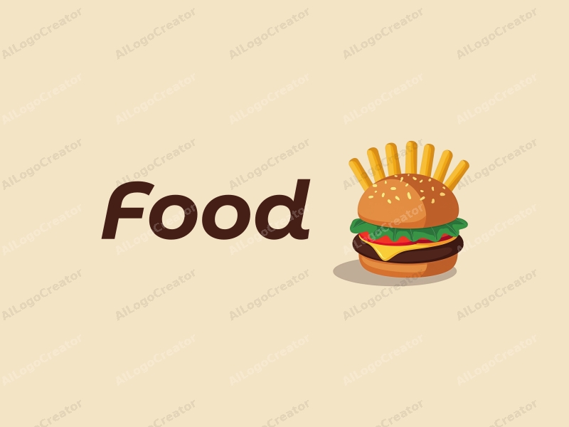 a modern design featuring a stylized burger and fries, with vibrant colors and a clean background, emphasizing the deliciousness of the food in a harmonious and simple composition.