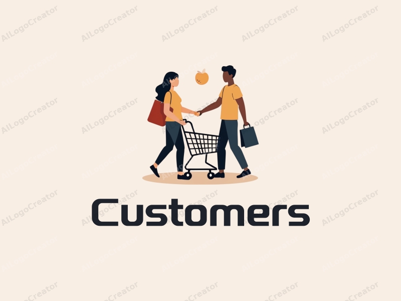 a modern design featuring a stylized customer and shopper interacting with a shopping cart and shopping bag, combined with a clean background.