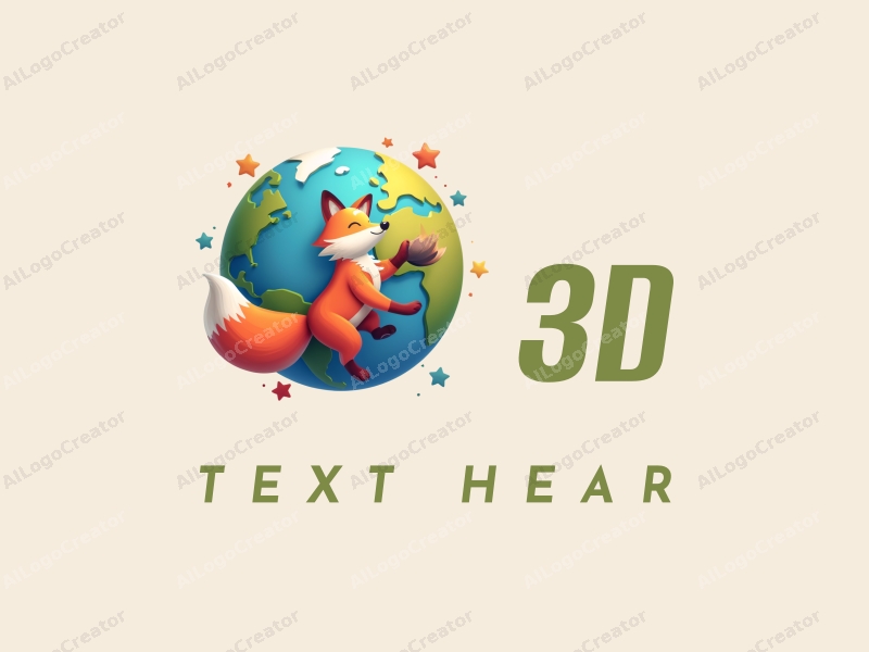 a modern design featuring a colorful 3D earth and a dynamic fox, incorporating playful and energetic elements with a clean background.