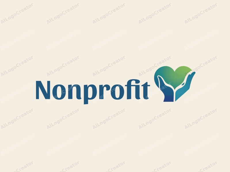 modern design features a heart shape integrated with a hand palm, symbolizing charity and volunteer work, using a blue and green color palette combined with a clean background.