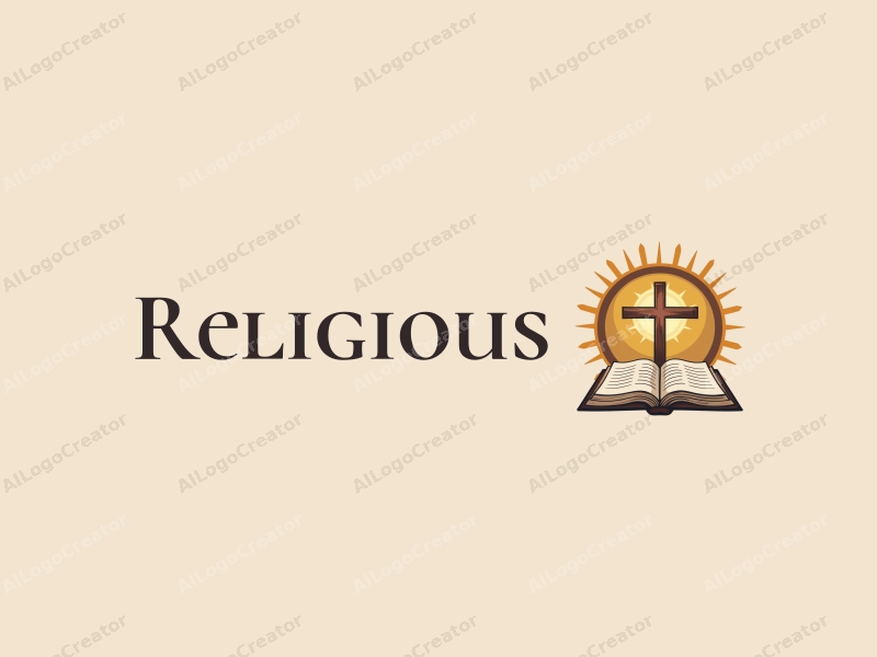 vintage design features a prominent cross, a golden halo surrounding it, and an open holy book, combined with a harmonious and clean background.