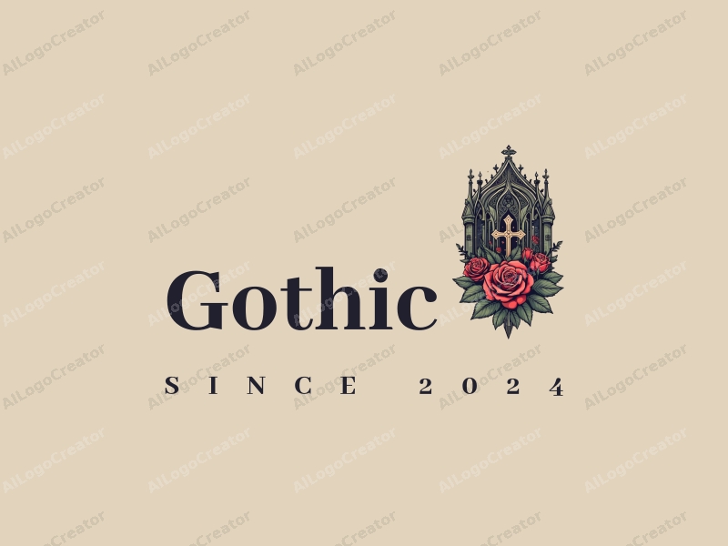 Gothic design features intricate Gothic architecture, stylized Gothic fashion elements, a cross, and a rose flower, combined with a clean background.