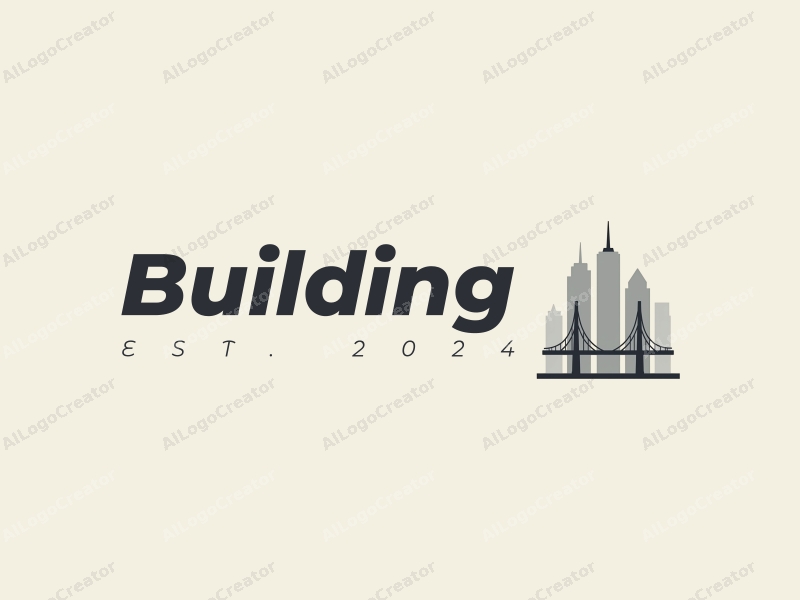 modern design features a stylized skyscraper and bridge, incorporating clean lines and geometric shapes with a gray color palette against a minimal background.