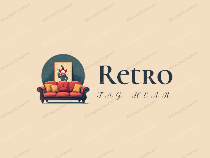 vintage design features a retro sofa and a retro poster, combined with a clown and musical elements, all set against a clean background.