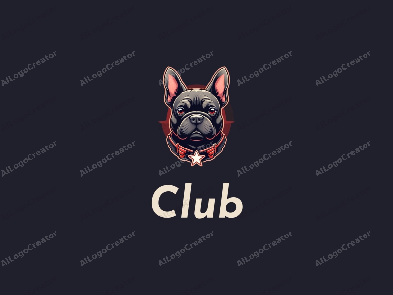 modern design features a stylized French Bulldog, elements of a club and social interaction, combined with gaming motifs, set against a clean black background.