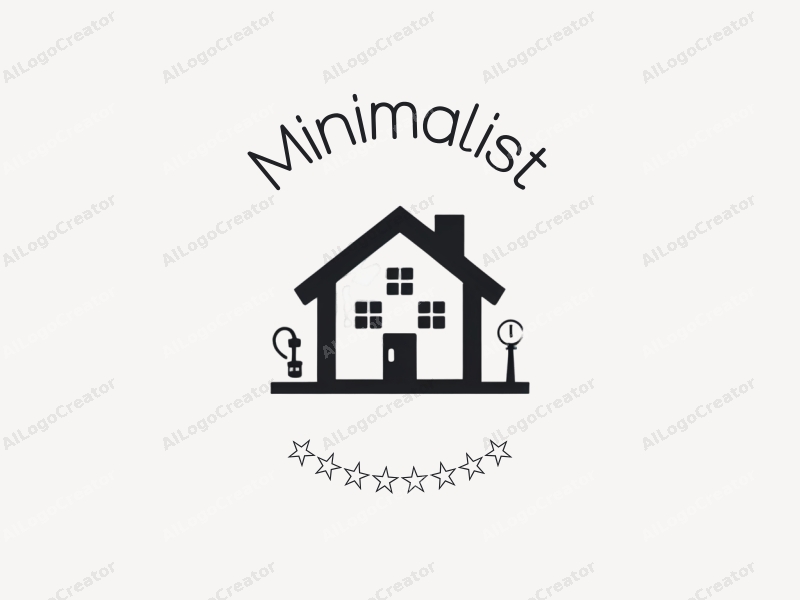 minimalist design features simple line drawings of a house and design tools, combined with a clean black and white background.