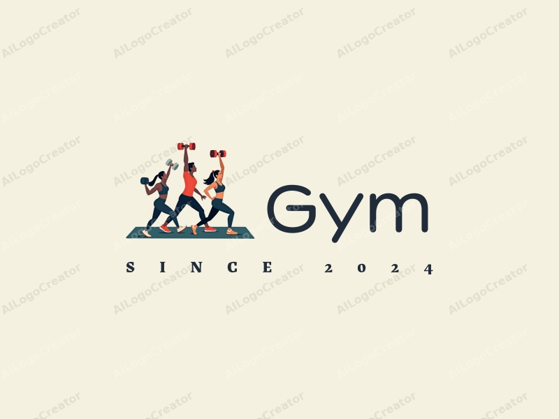 modern design features stylized dumbbells and yoga mats, combined with active individuals in a clean background, emphasizing fitness and movement.