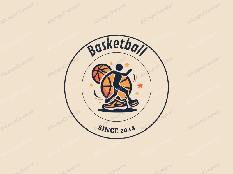 playful design features a stylized basketball, an athlete in motion, and a pair of basketball shoes, combined with a clean background.