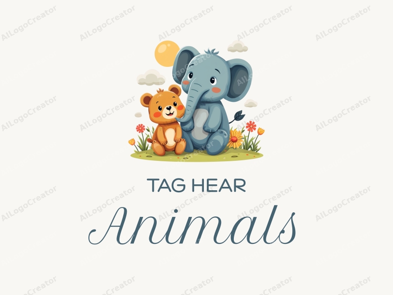 playful design features a small bear and a small elephant in a vibrant, colorful setting, incorporating elements of wildlife and education, combined with a clean background.