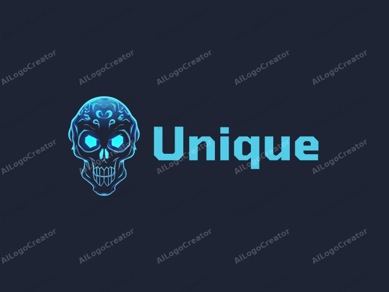 a modern design featuring a stylized skull integrated with gaming elements, using a blue and black color palette, showcasing unique and innovative characteristics with a clean background.