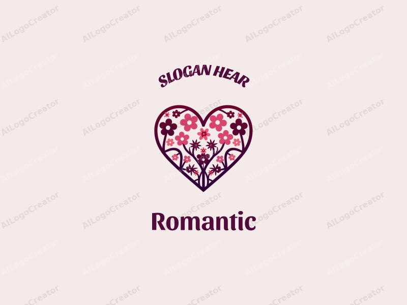 playful design features a heart shape intertwined with flowers, using a pink and purple color palette, combined with a clean background.