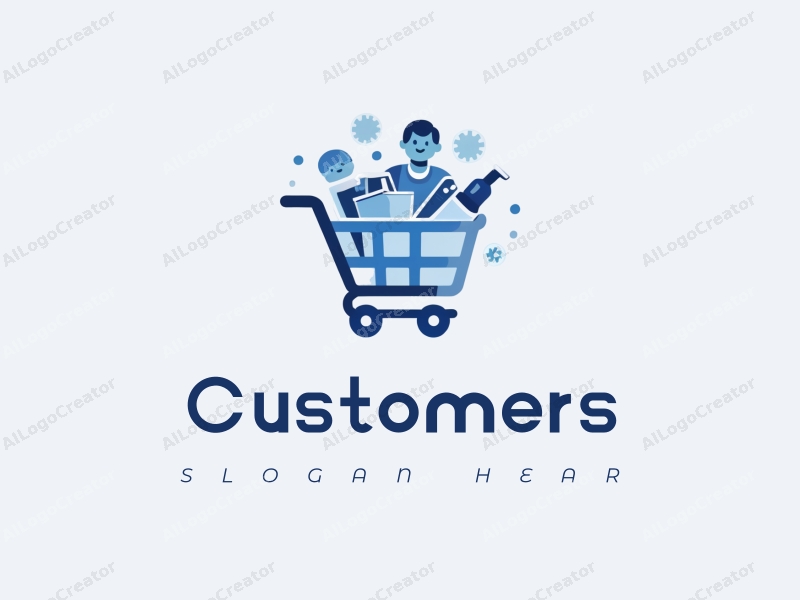 a modern design featuring a stylized shopping cart filled with products, accompanied by abstract representations of customers and shoppers, utilizing a clean and simple composition with a blue color palette.