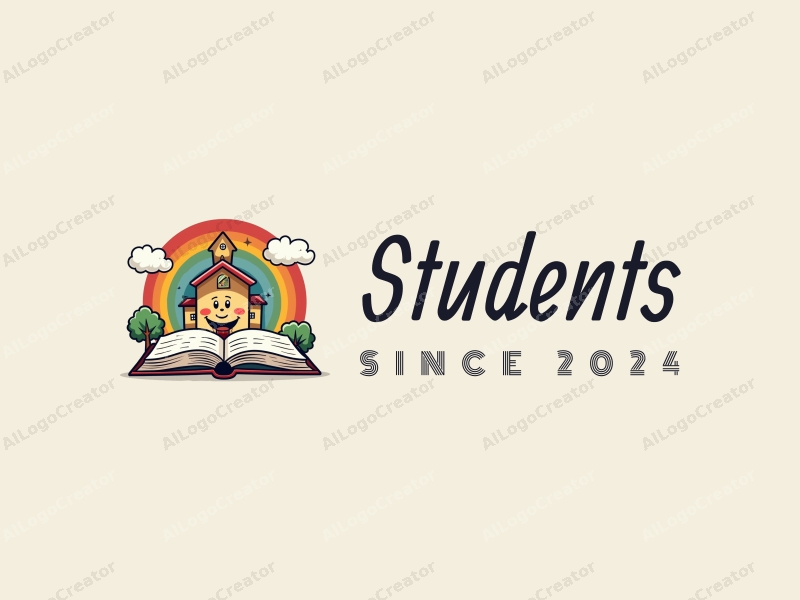 playful design features a cheerful student character, a stylized school building, an open book, and a vibrant rainbow, combined with a clean background.