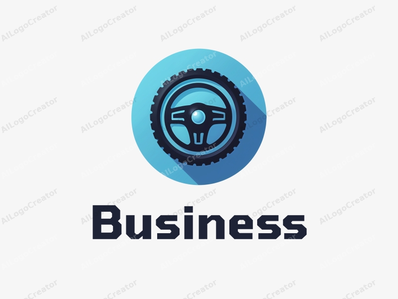 a modern design featuring a stylized steering wheel and tire, combined with business and office elements, set against a clean blue background.