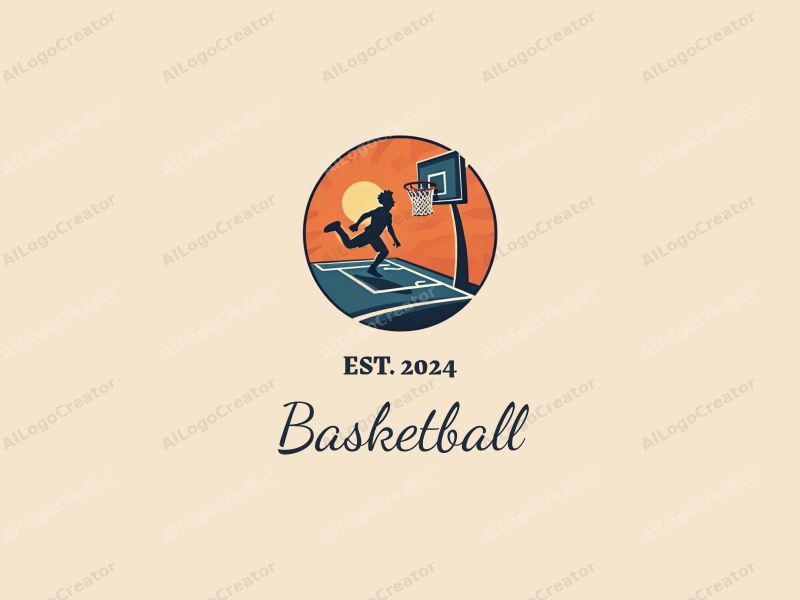 playful design features a stylized basketball, an athlete in motion, and a basketball court background combined with a clean and energetic layout.