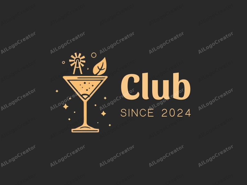 a modern design featuring a stylized cocktail glass and a windmill, combined with club and social elements, set against a clean black background.