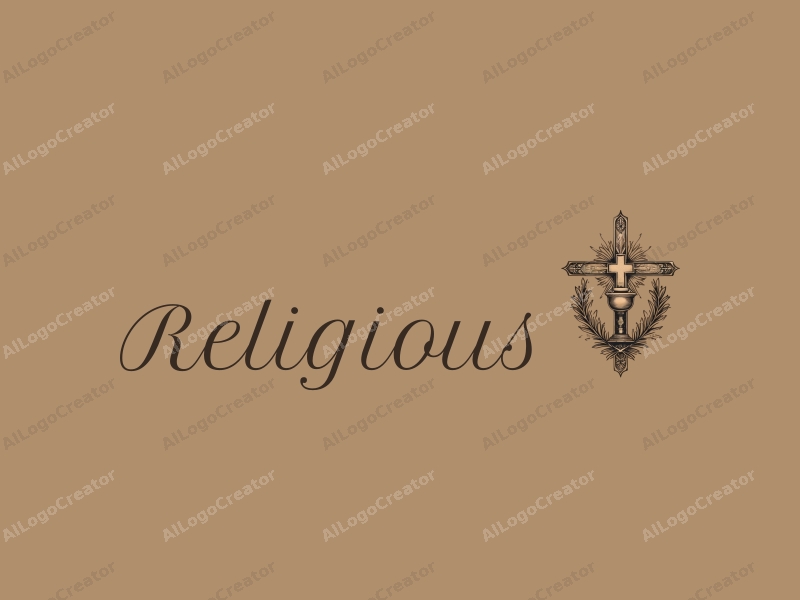 vintage design features a stylized cross, a chalice, and an angel, combined with a harmonious layout and a clean background.