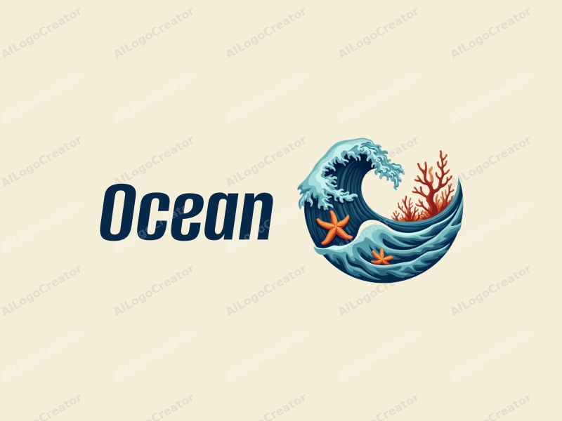 a modern design featuring stylized waves, marine life including coral and starfish, combined with a clean background and a harmonious composition.