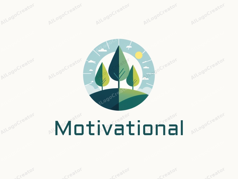 a modern design featuring stylized trees and sunlight, symbolizing motivation and encouragement, combined with a clean background in blue and green tones.