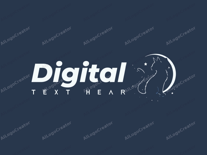 modern design features a stylized cat silhouette intertwined with a crescent moon, incorporating digital elements and a clean background in blue and black tones.