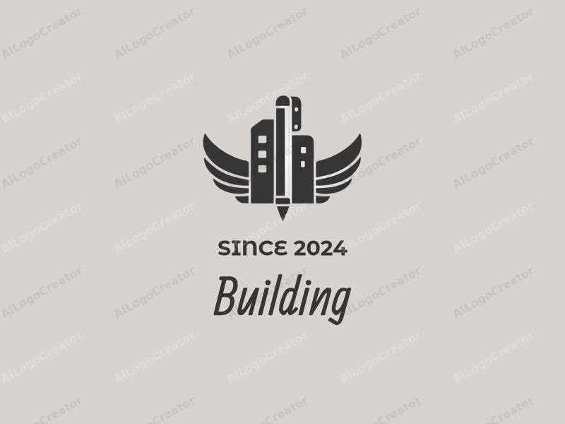 modern design features a stylized building and structure, combined with a pencil and wings, using a clean and simple approach against a gray background.