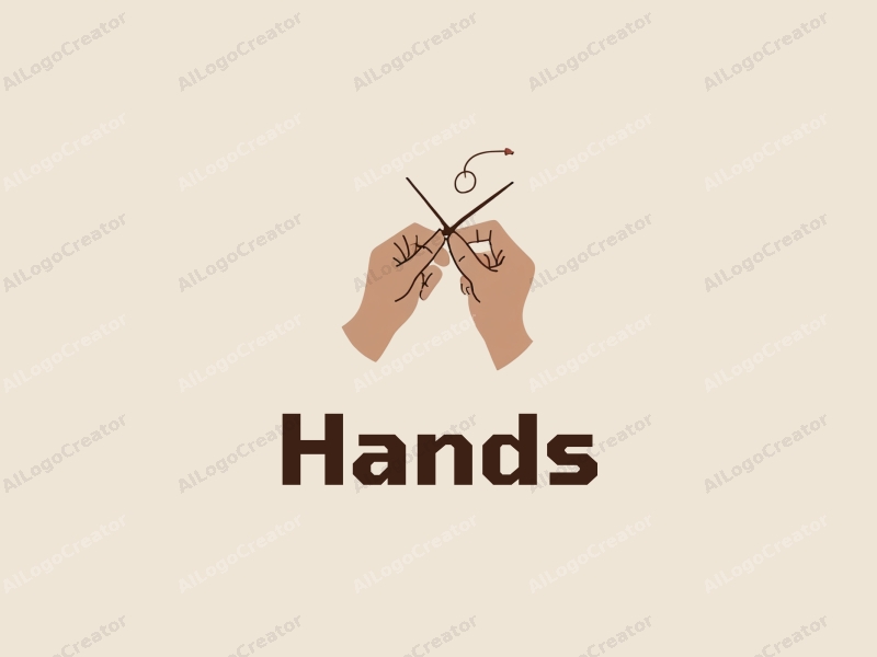 a modern design featuring a hand holding a needle and thread, with a skin tone color palette, combined with a clean and simple background.