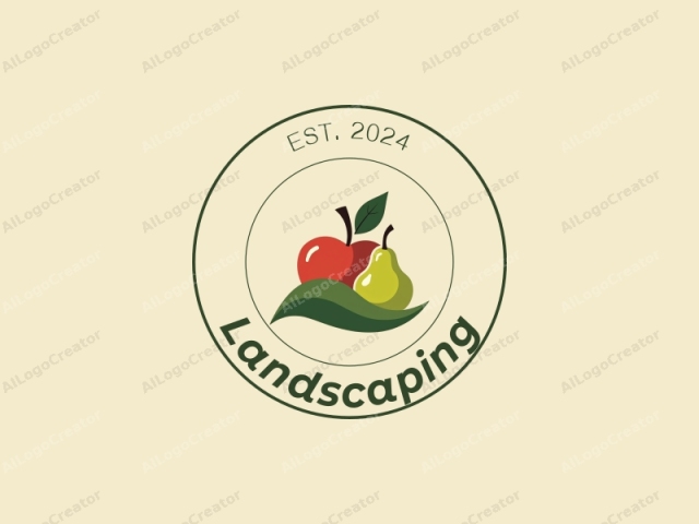 diseño moderno que presenta un césped y jardín estilizados con formas simples de una manzana y una pera, combinados con un fondo limpio.