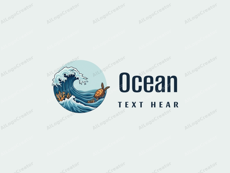 a modern design featuring stylized ocean waves, a sea turtle, and coral elements, combined with a clean background and a harmonious composition.