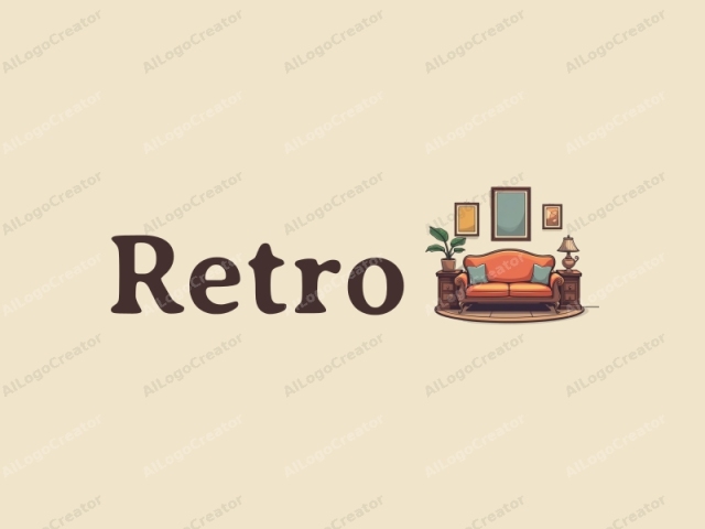 vintage design features a retro sofa, a retro poster, a magic lamp, and a vintage frame combined with a clean background.