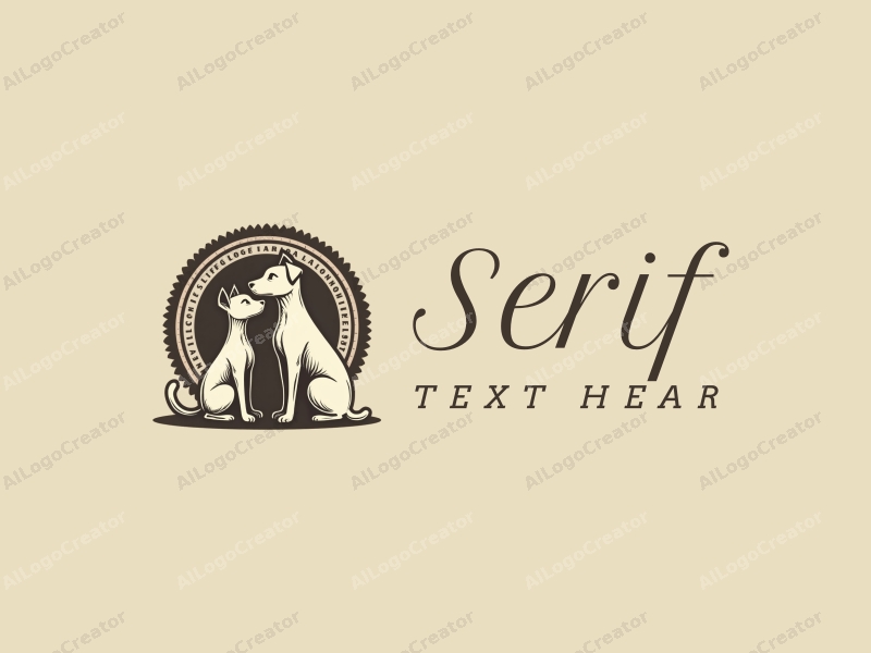 vintage design features elegant serif fonts, a stylized cat and dog intertwined, combined with a clean background.