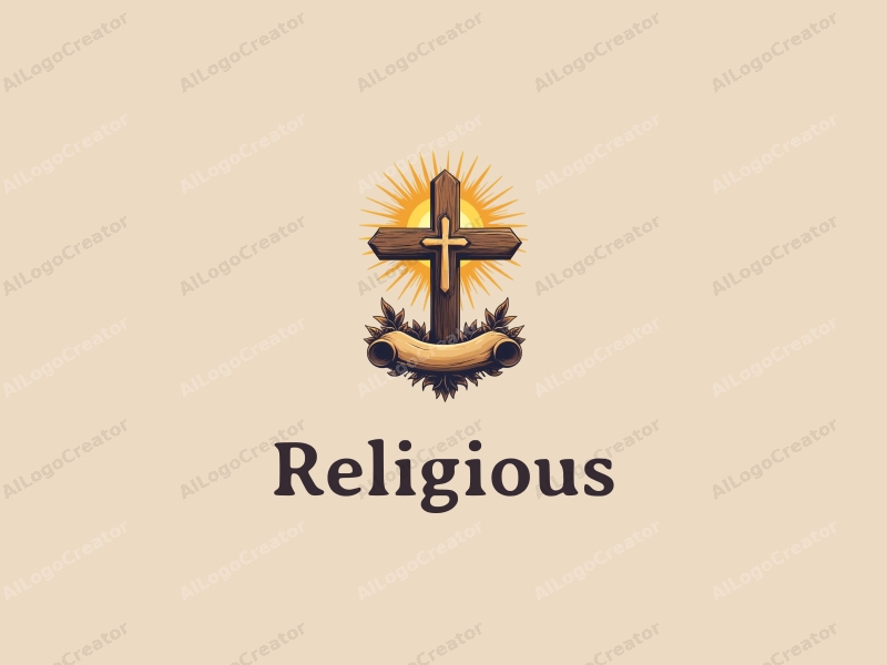 vintage design features a prominent cross, a glowing halo above it, and an ancient scroll, all rendered in gold against a clean, simple background.