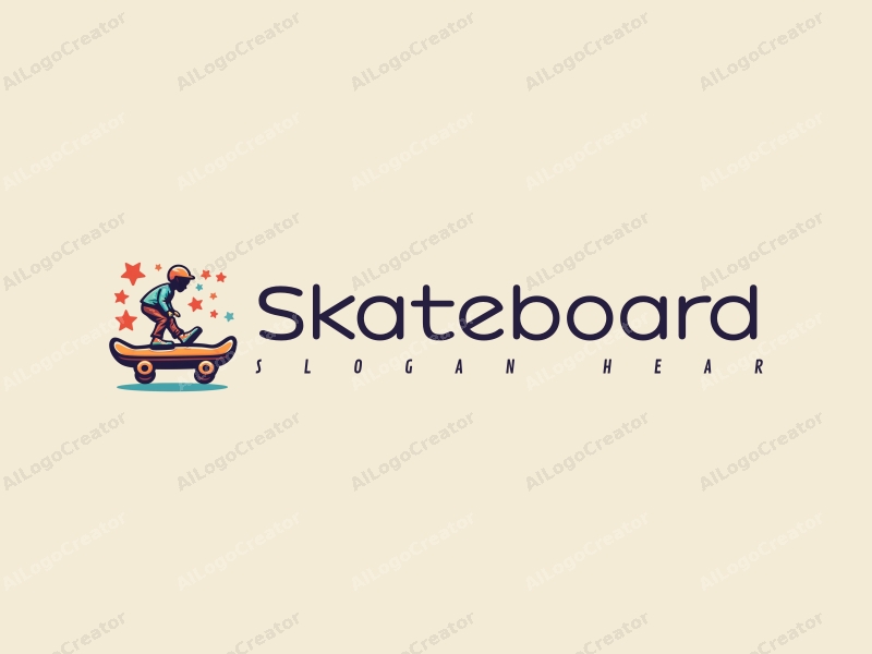 playful design features a vibrant skateboard silhouette with dynamic star elements, combined with a clean background for a fun and energetic feel.