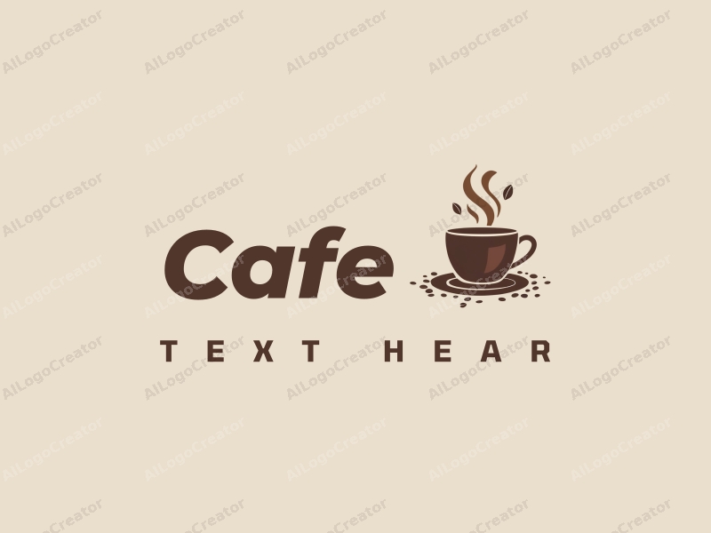 modern design features a stylized coffee cup, scattered coffee beans, and swirling steam, combined with a clean background.