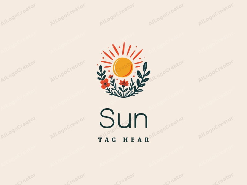 playful design features a bright sun radiating light, surrounded by whimsical flowers and leaves, combined with a clean background.