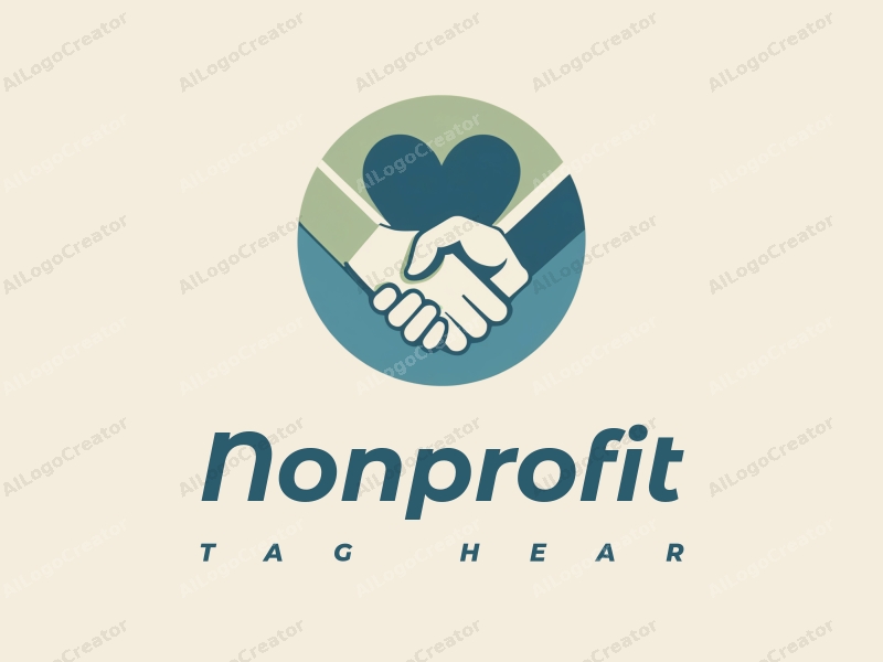 modern design features a stylized heart and handshake symbolizing charity and volunteerism, combined with a clean background in blue and green tones.