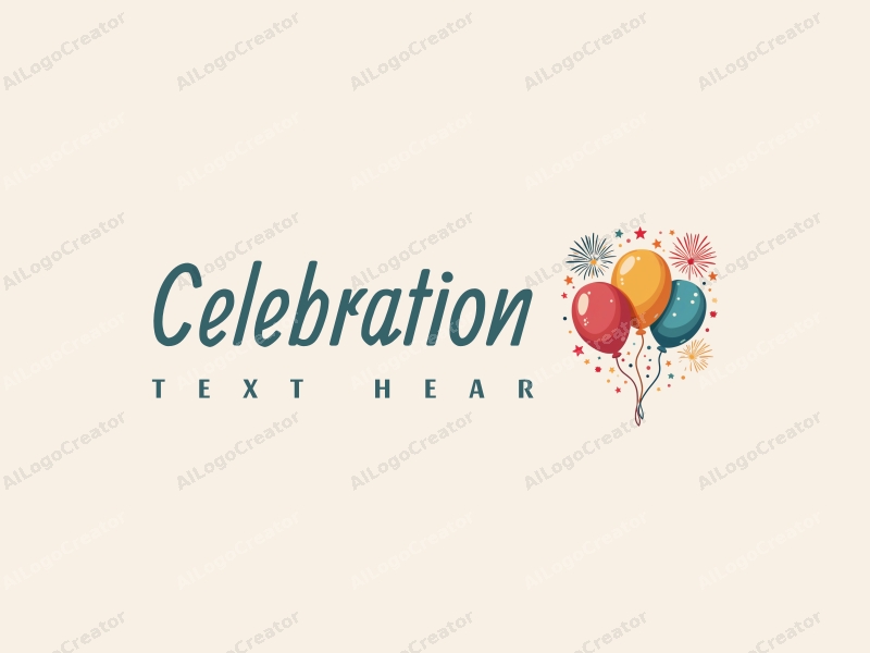 playful design features colorful balloons and vibrant fireworks, combined with a gold accent, creating a festive atmosphere with a clean background.