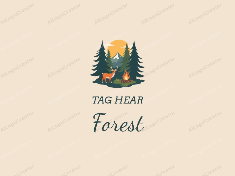 vintage design features a serene forest scene with stylized trees, a small deer nestled among the foliage, and a cozy campfire, combined with a clean background.