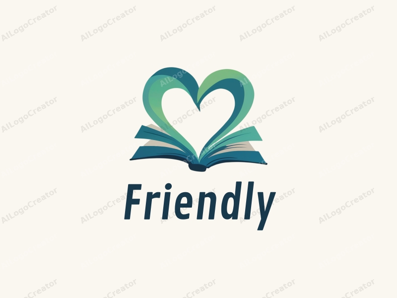 playful design features a heart shape intertwined with an open book, using blue and green colors, creating a friendly and inviting atmosphere with a clean background.