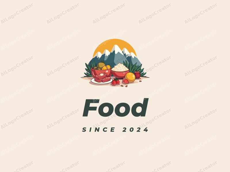 a modern design featuring vibrant food elements like fruits and dishes, combined with a stylized snow mountain backdrop, creating a harmonious and clean composition.