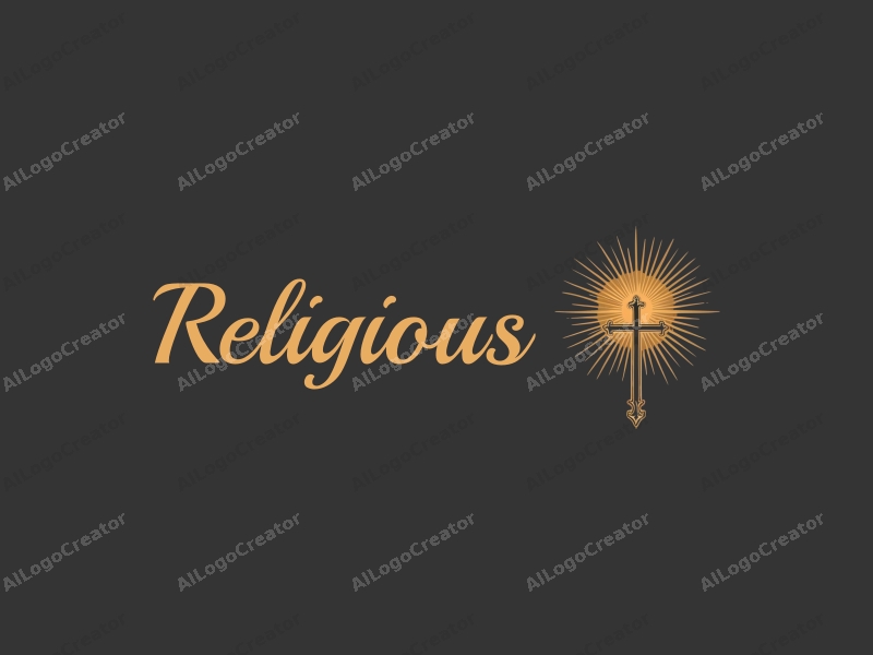 vintage design features a prominent cross symbol, surrounded by radiant golden light, incorporating elements of faith and spirituality, set against a clean and harmonious background.