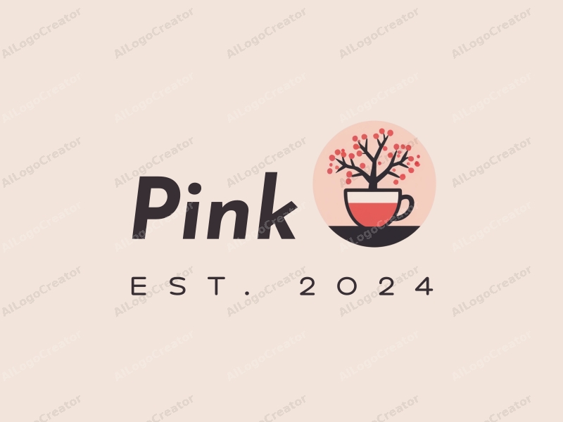 minimalist design features a stylized tea cup under a cherry blossom tree, with soft pink tones and a clean background.