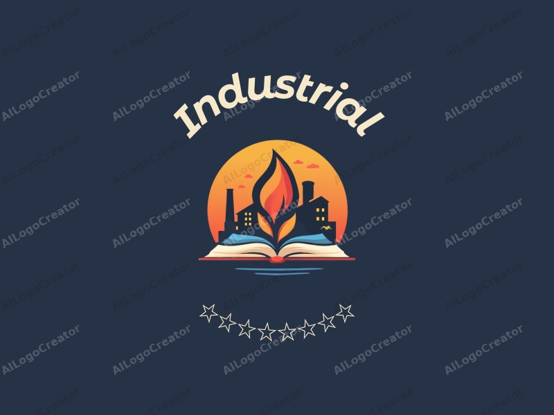 modern design features a stylized factory and machinery, integrated with a flame and book elements, using a clean and minimalistic approach combined with a harmonious background.