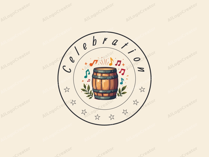 playful design features a stylized barrel, vibrant music notes, and celebration elements combined with a clean background in gold and rainbow colors.