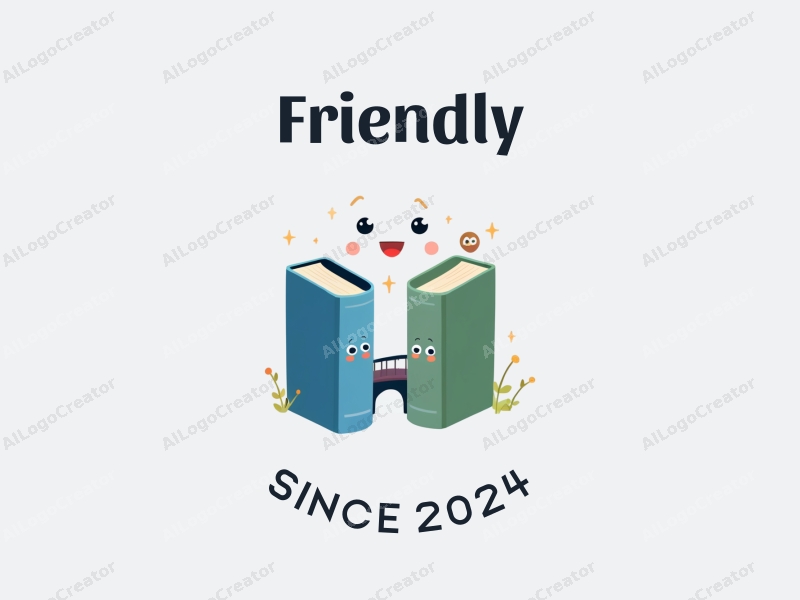 playful design features a friendly bridge connecting two stylized books, incorporating blue and green colors with a clean background.