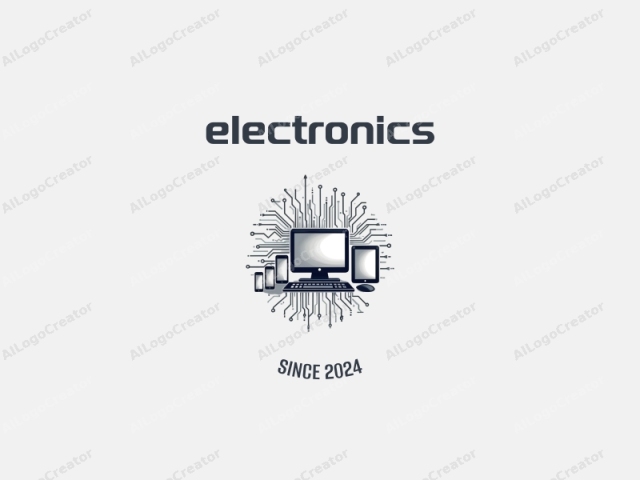 現代設計特點包括流線型的電子設備、風格化的電腦剪影以及複雜的電路圖案，結合乾淨的銀色背景。