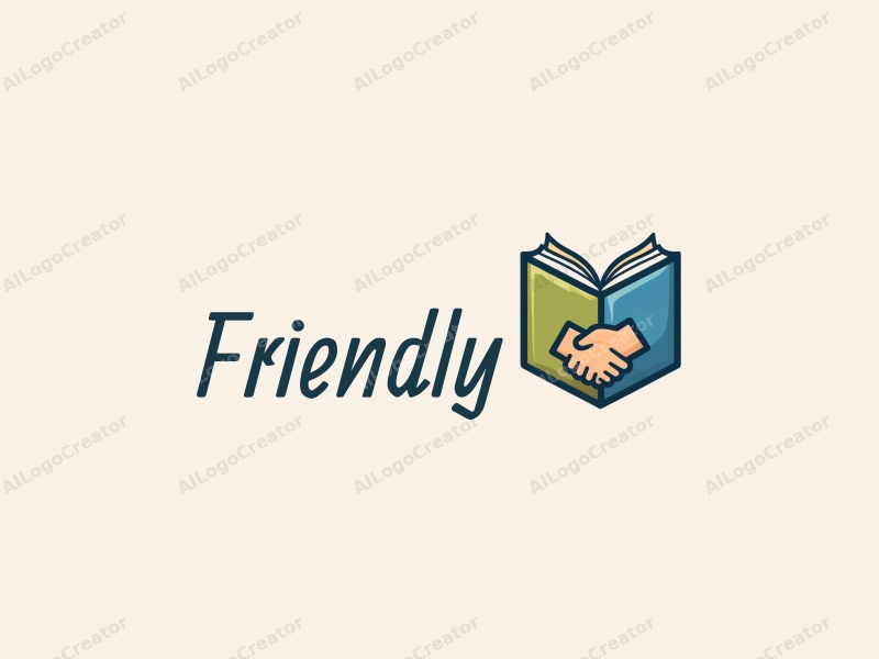 playful design features a stylized book and a handshake, combined with a clean background, emphasizing friendship and community in an educational and social context.